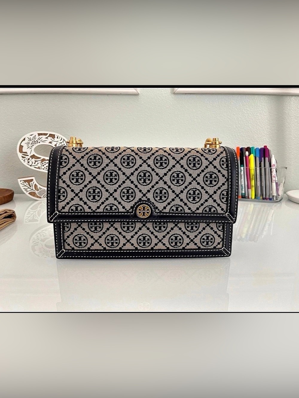 Tory Burch Robinson T Monogram Convertible Shoulder Bag Black & Brown